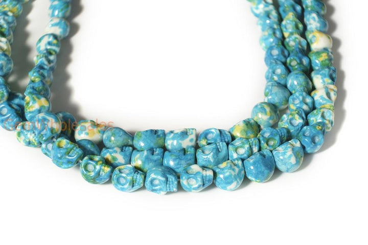15.5" 10mm/12mm Dyed blue yellow rain flower stone skull