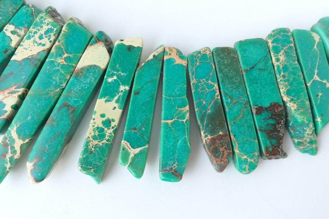 15.5" 20~50*6mm Dark green Aqua Terra Jasper graduated,Top Drilled Stick beads, imperssion jasper Slab