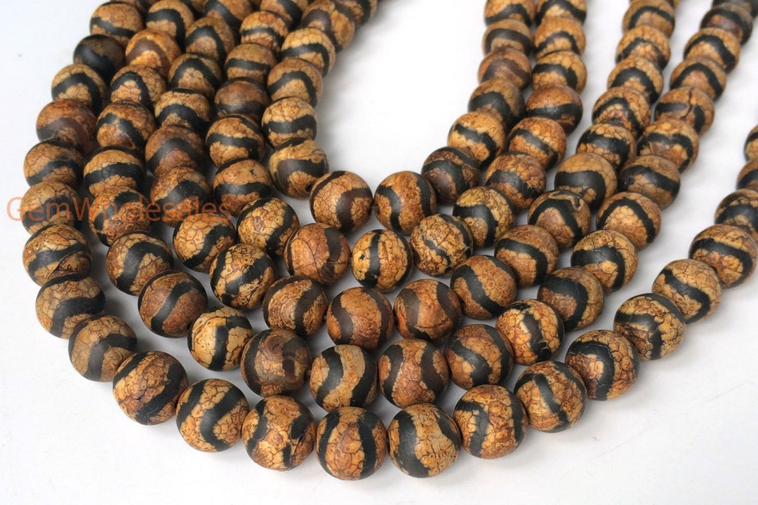 14.5” 10mm Antique Brown Bulk tibetan Dzi agate round beads wave