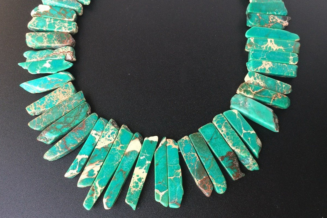 15.5" 20~50*6mm Dark green Aqua Terra Jasper graduated,Top Drilled Stick beads, imperssion jasper Slab
