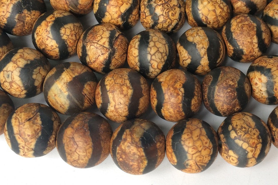 14.5” 10mm Antique Brown Bulk tibetan Dzi agate round beads wave