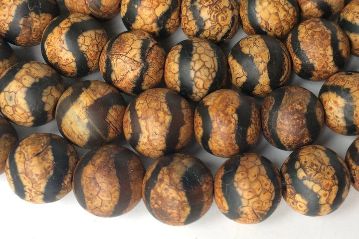 14.5” 10mm Antique Brown Bulk tibetan Dzi agate round beads wave