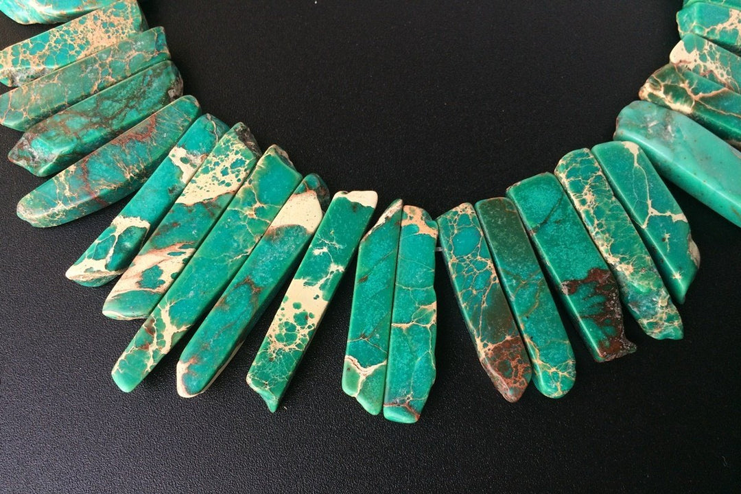 15.5" 20~50*6mm Dark green Aqua Terra Jasper graduated,Top Drilled Stick beads, imperssion jasper Slab