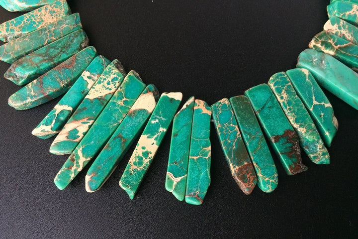 15.5" 20~50*6mm Dark green Aqua Terra Jasper graduated,Top Drilled Stick beads, imperssion jasper Slab