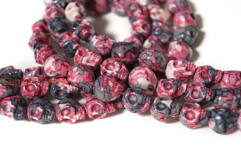 15.5" 10mm/12mm Dyed dark purple red rain flower stone skull