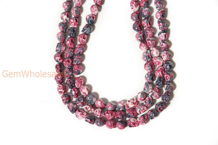 15.5" 10mm/12mm Dyed dark purple red rain flower stone skull