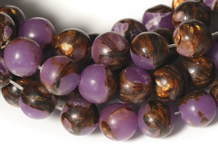 15.5" Purple Impression Jasper & Gold copper bornite round beads 6mm/8mm