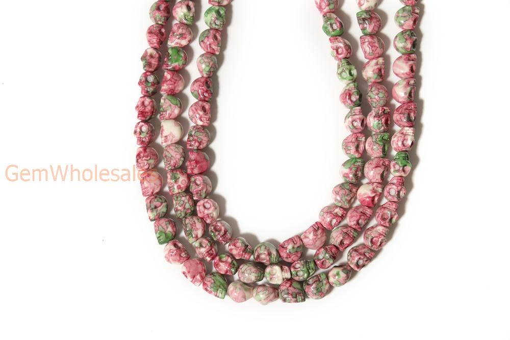 15.5" 10mm/12mm Dyed red green rain flower stone skull