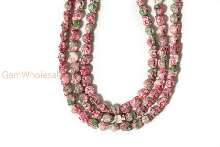 15.5" 10mm/12mm Dyed red green rain flower stone skull