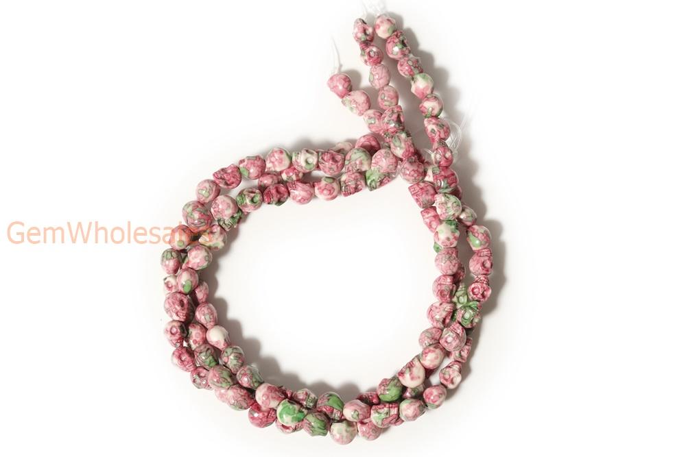 15.5" 10mm/12mm Dyed red green rain flower stone skull