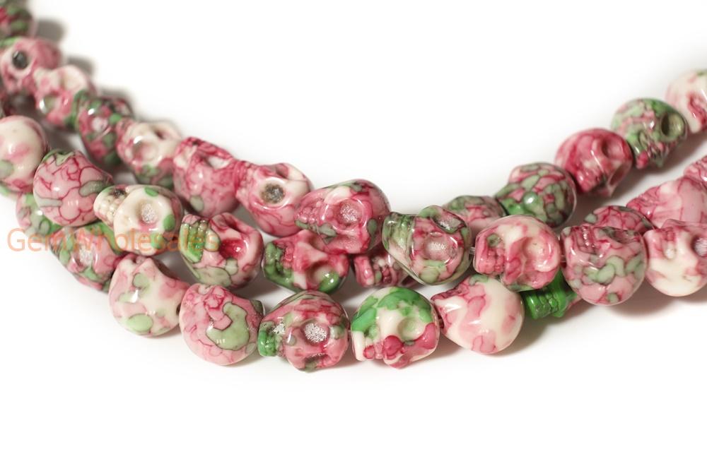 15.5" 10mm/12mm Dyed red green rain flower stone skull