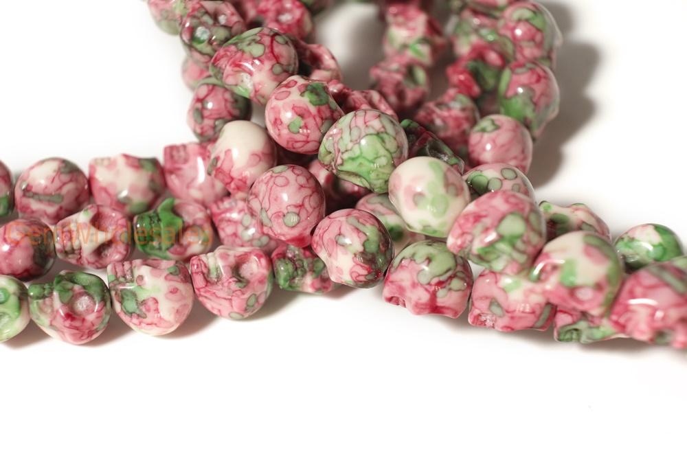 15.5" 10mm/12mm Dyed red green rain flower stone skull
