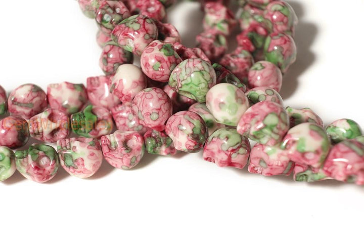 15.5" 10mm/12mm Dyed red green rain flower stone skull