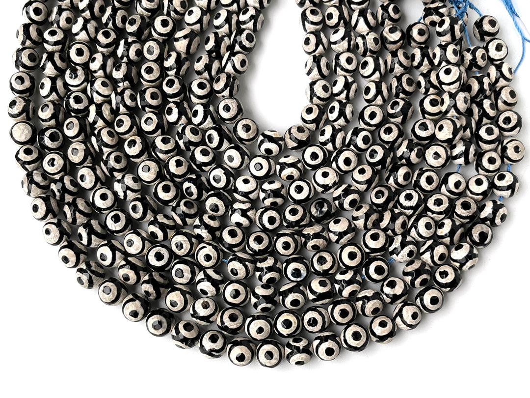 14.5" 8mm/10mm Black Bulk Tibetan Dzi agate round faceted beads, Eye