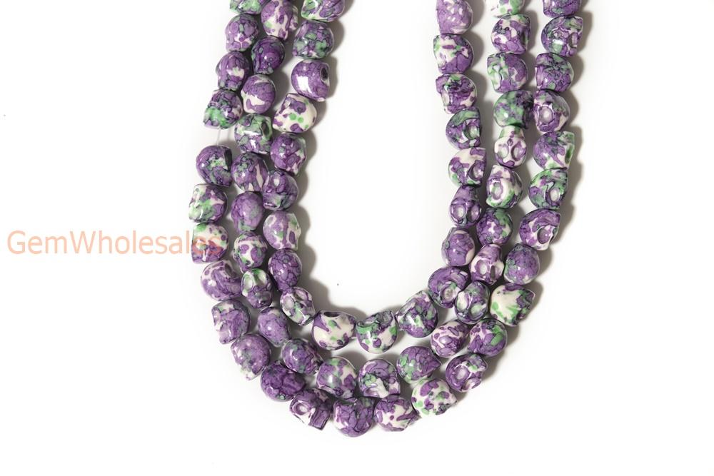 15.5" 10mm/12mm Dyed dark purple green rain flower stone skull