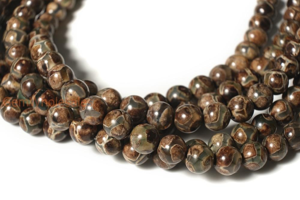 14" 8/10/12mm Antique Green color Bulk tibetan Dzi agate round beads Football