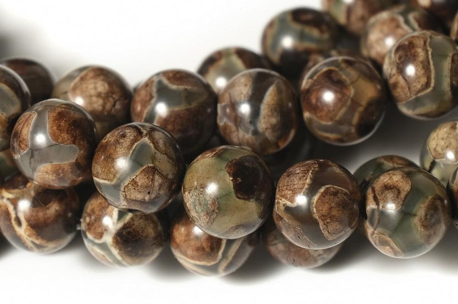 14" 8/10/12mm Antique Green color Bulk tibetan Dzi agate round beads Football