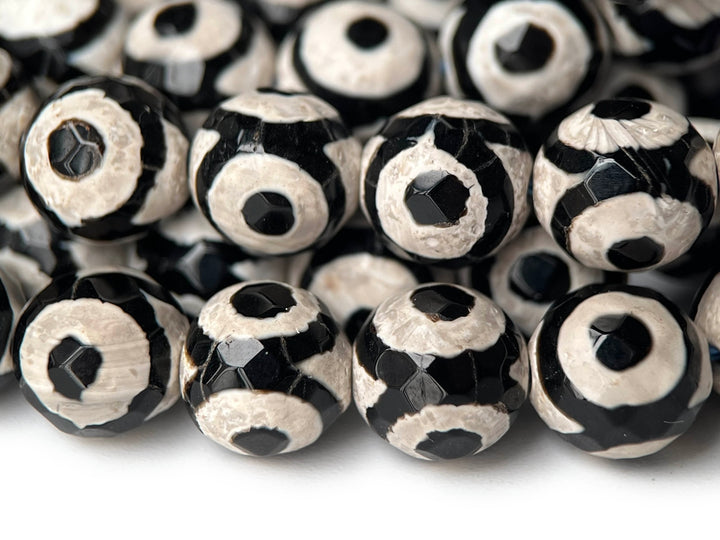 14.5" 8mm/10mm Black Bulk Tibetan Dzi agate round faceted beads, Eye