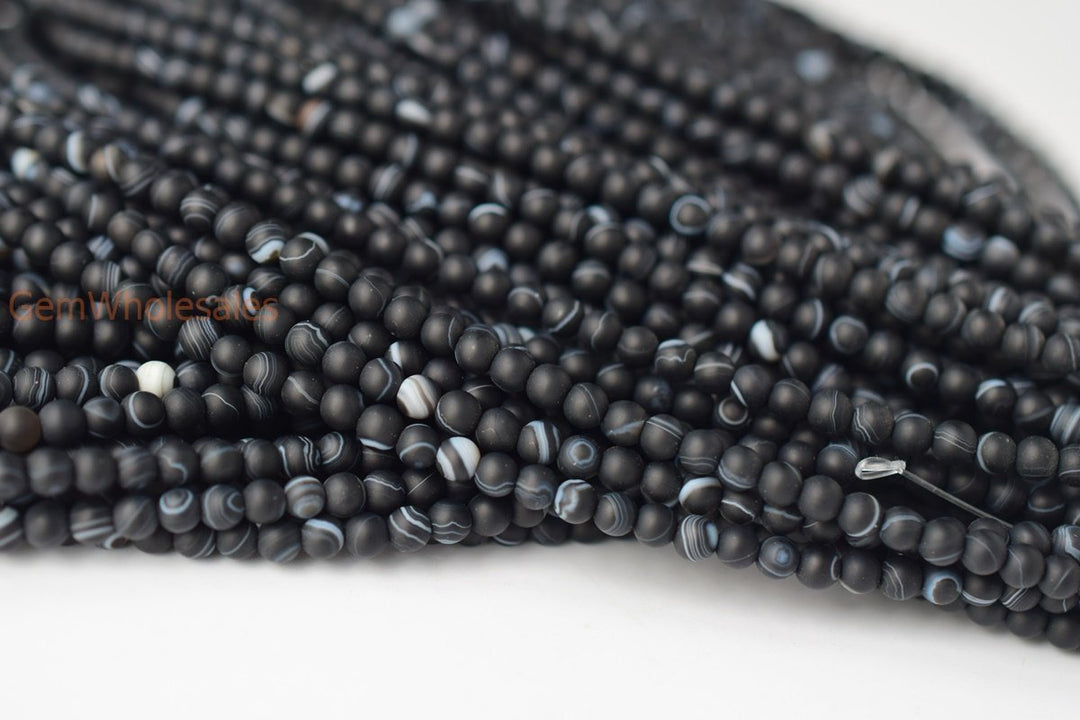 15" 4mm matte black stripe Agate Round beads frosted Gemstone