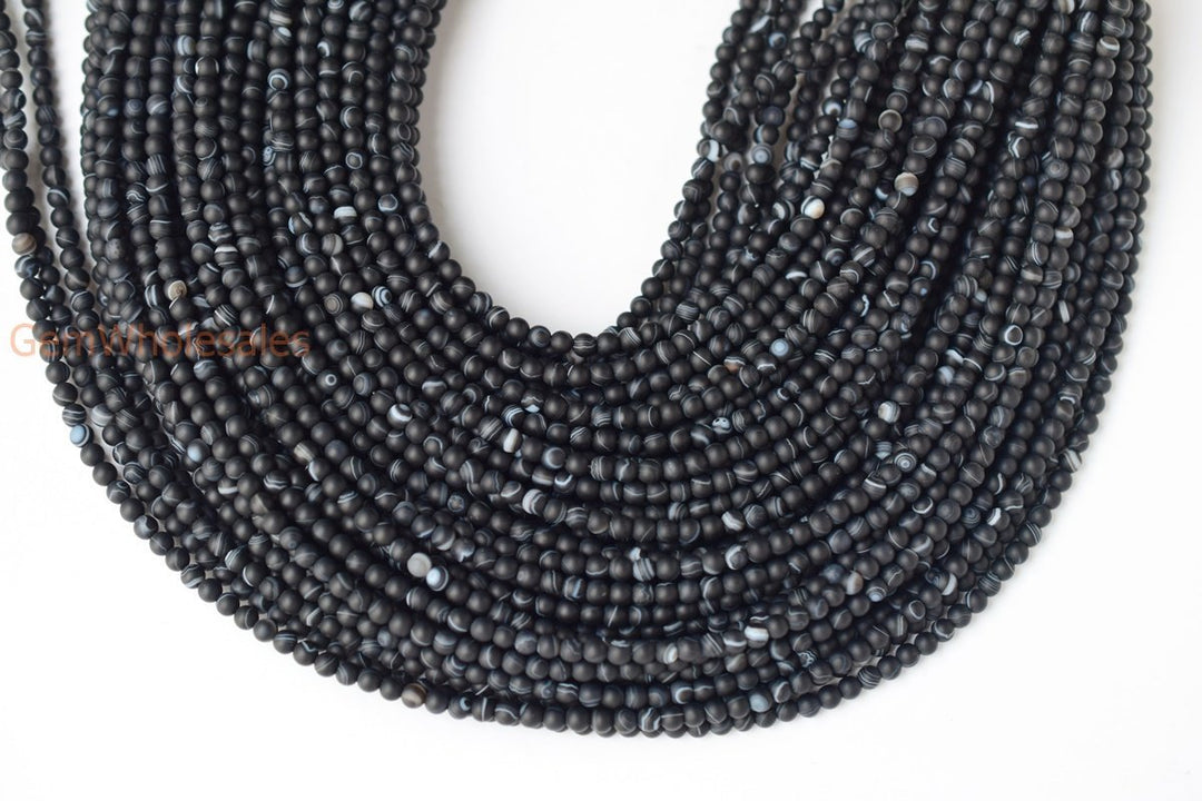 15" 4mm matte black stripe Agate Round beads frosted Gemstone