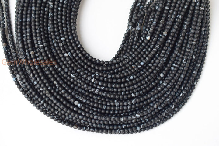 15" 4mm matte black stripe Agate Round beads frosted Gemstone