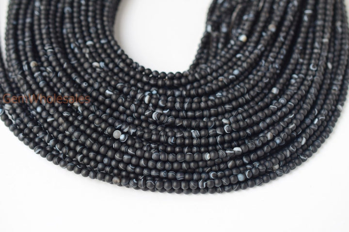 15" 4mm matte black stripe Agate Round beads frosted Gemstone