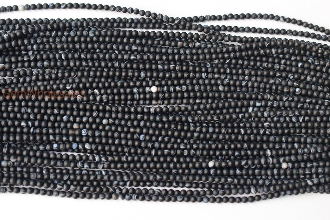 15" 4mm matte black stripe Agate Round beads frosted Gemstone