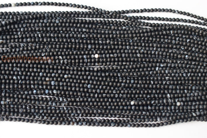 15" 4mm matte black stripe Agate Round beads frosted Gemstone