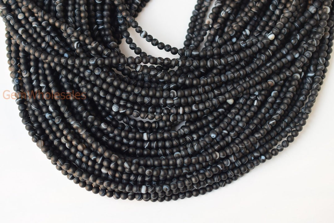 15" 4mm matte black stripe Agate Round beads frosted Gemstone