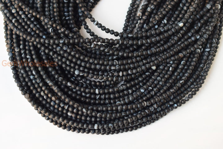 15" 4mm matte black stripe Agate Round beads frosted Gemstone