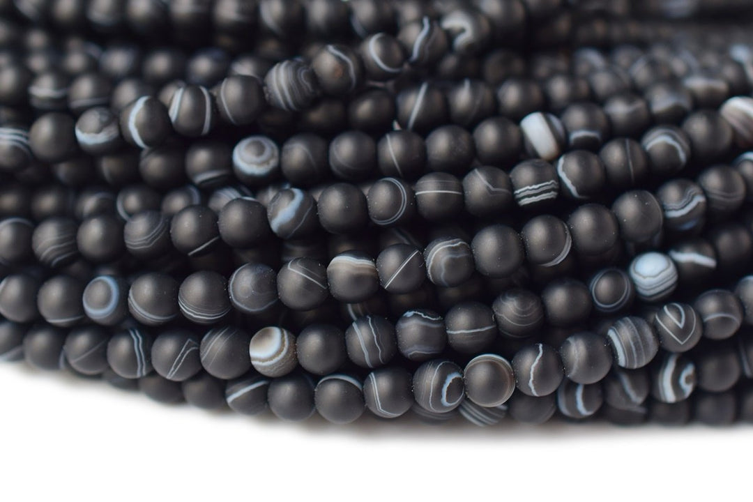 15" 4mm matte black stripe Agate Round beads frosted Gemstone