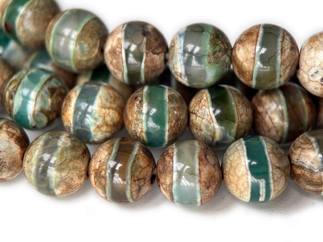 14" 8/10/12mm Antique Green color tibetan Dzi agate round beads line