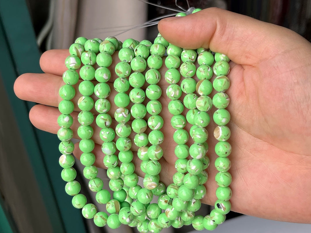 15.5“ 8/10mm Grass Green Turquoise With Shell Inlay round beads MTL