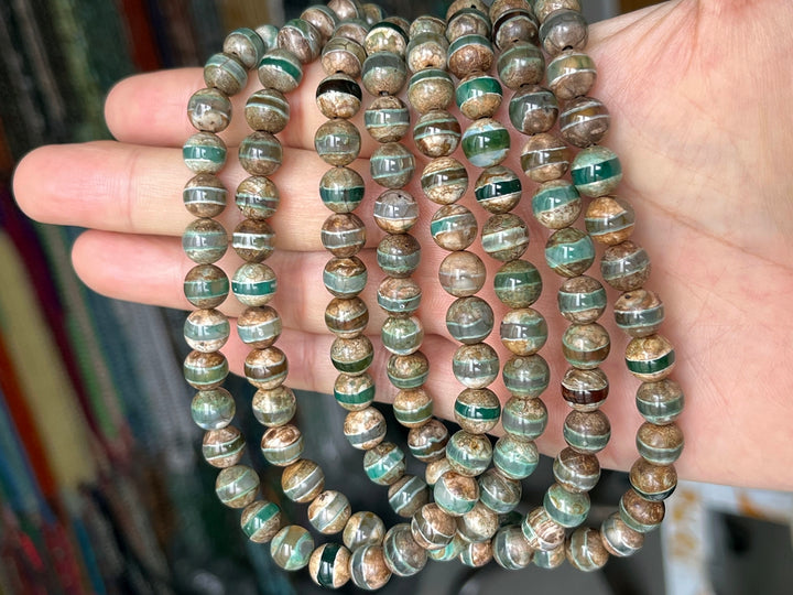 14" 8/10/12mm Antique Green color tibetan Dzi agate round beads line
