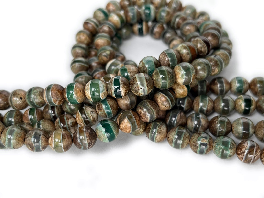 14" 8/10/12mm Antique Green color tibetan Dzi agate round beads line