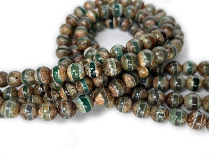 14" 8/10/12mm Antique Green color tibetan Dzi agate round beads line