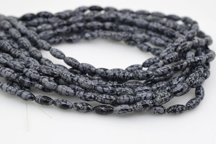 15.5" 6x12mm natural snowflake obsidian stone rice beads, olive beads
