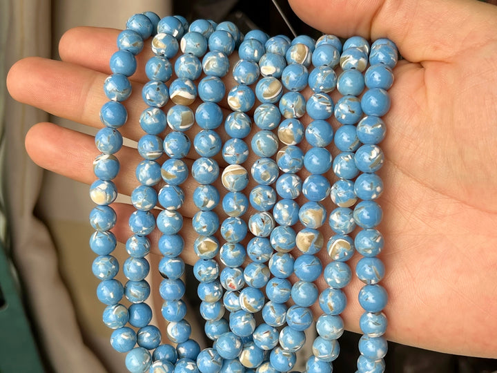 15.5" 8/10mm Denim Blue Turquoise With Shell Inlay round beads MTL