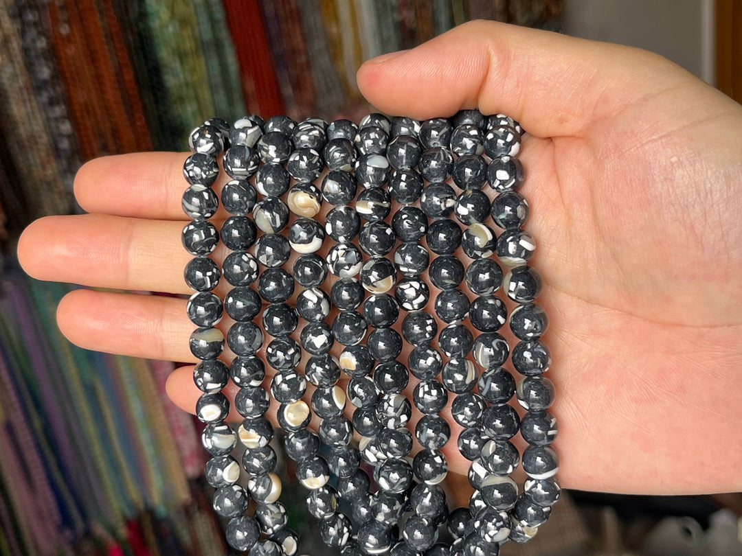 15.5" 8/10mm black Turquoise With Shell Inlay round beads MTL