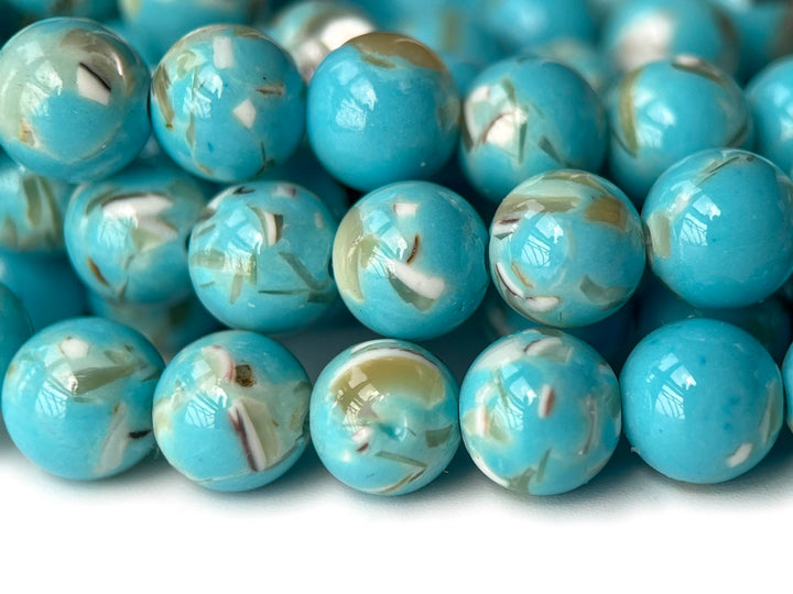 15.5" 8/10mm light Blue Turquoise With Shell Inlay round beads MTL