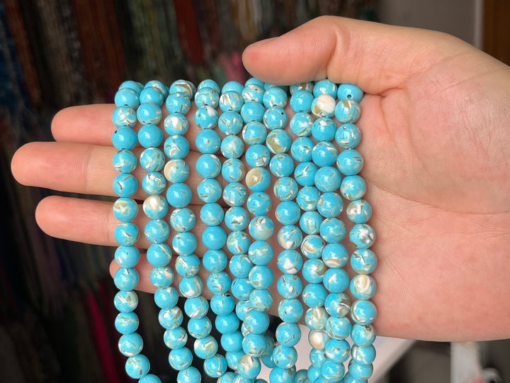 15.5" 8/10mm light Blue Turquoise With Shell Inlay round beads MTL
