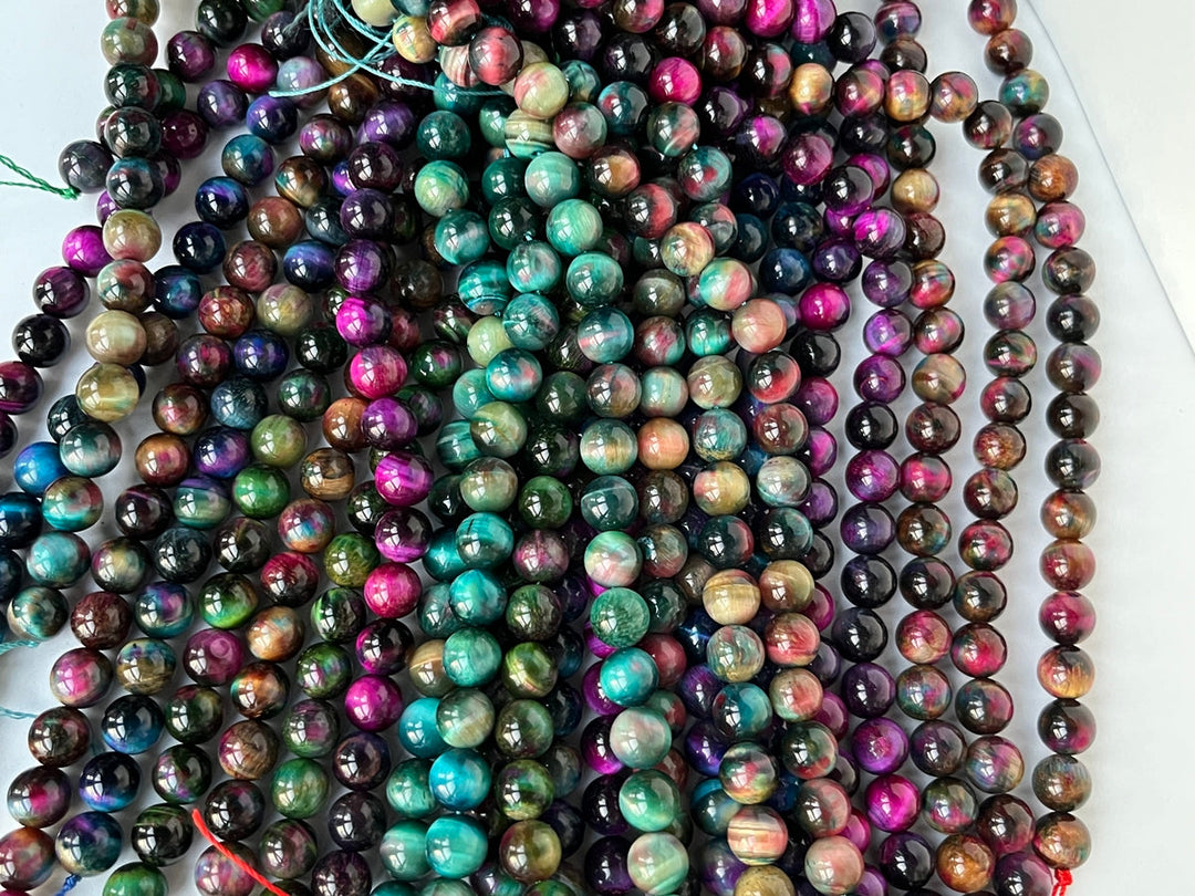 15.5" 10mm Dyed Mix Brown/green/blue/purple tiger eye round beads