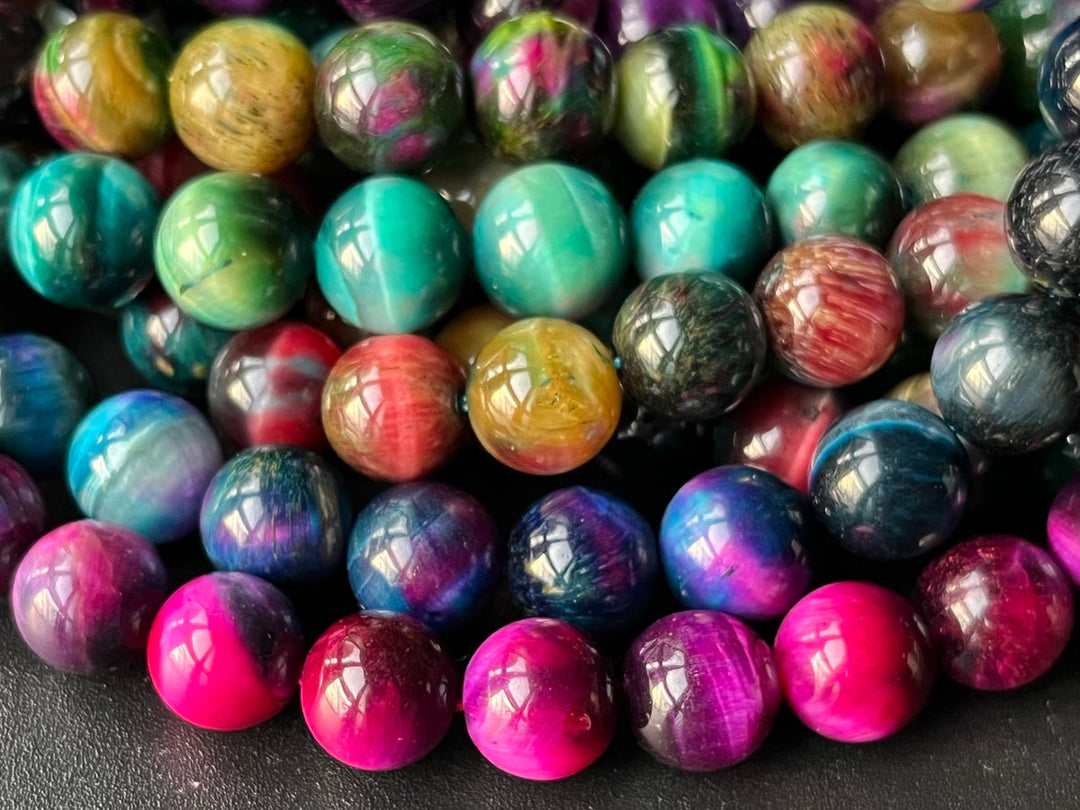 15.5" 10mm Dyed Mix Brown/green/blue/purple tiger eye round beads