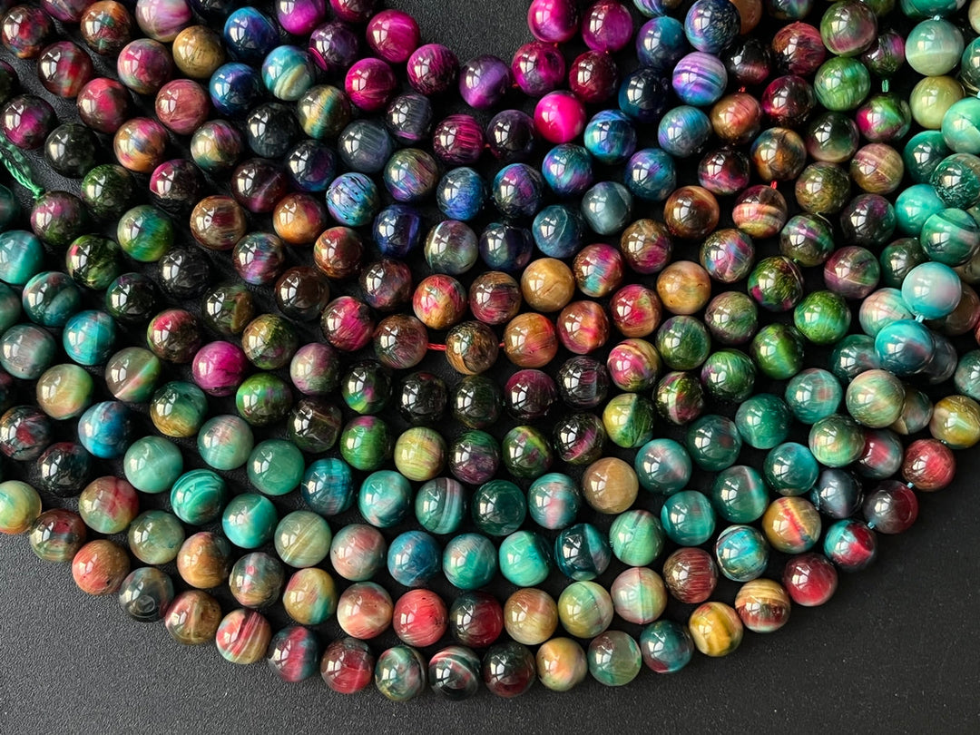 15.5" 10mm Dyed Mix Brown/green/blue/purple tiger eye round beads
