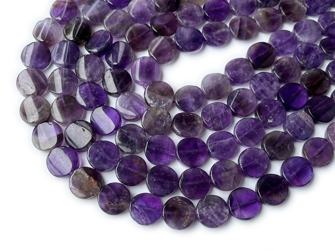 15.5" 16mm Natural amethyst twisted round coin beads