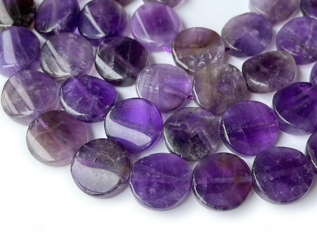 15.5" 16mm Natural amethyst twisted round coin beads