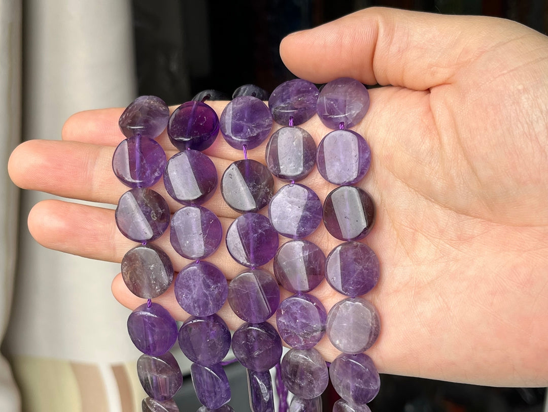 15.5" 16mm Natural amethyst twisted round coin beads