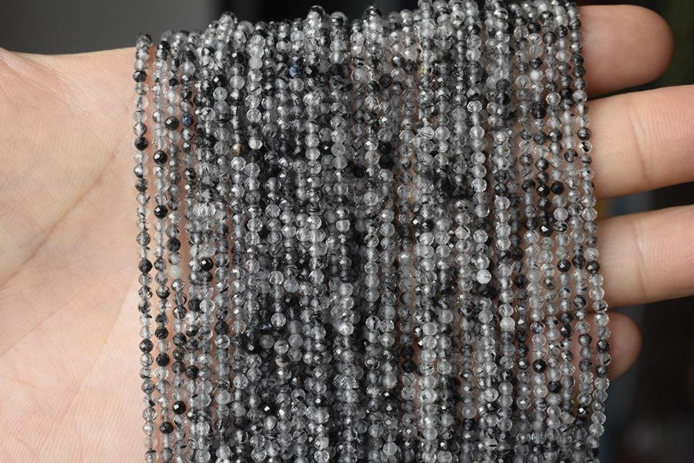 15.5" Natural black rutilated quartz 2mm round faceted beads