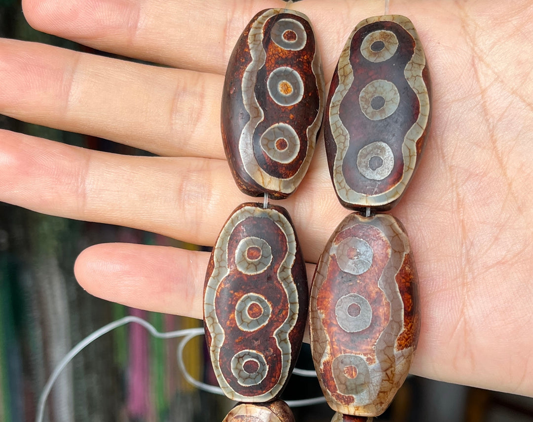 14" Antique Brown Bulk tibetan Dzi agate flat oval beads 22x40mm