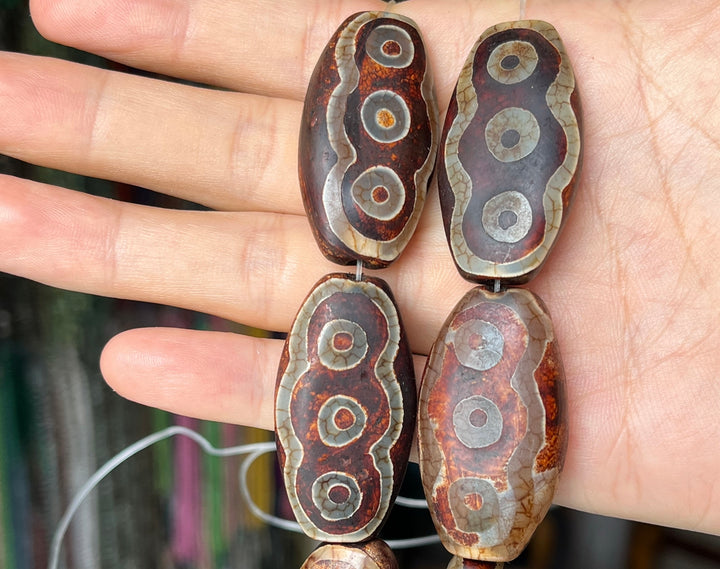 14" Antique Brown Bulk tibetan Dzi agate flat oval beads 22x40mm